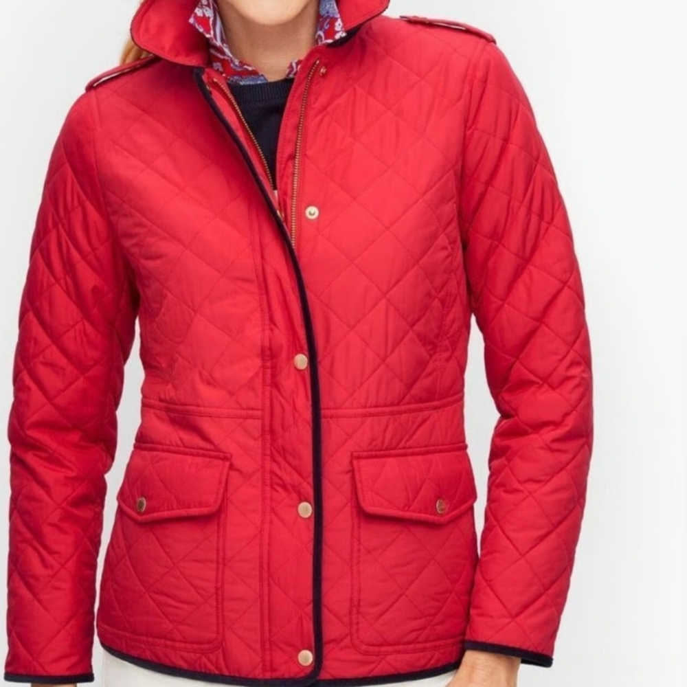 Talbots Vibrant Red Quilted Utility Jacket With Lapels Black Trim Size Sp